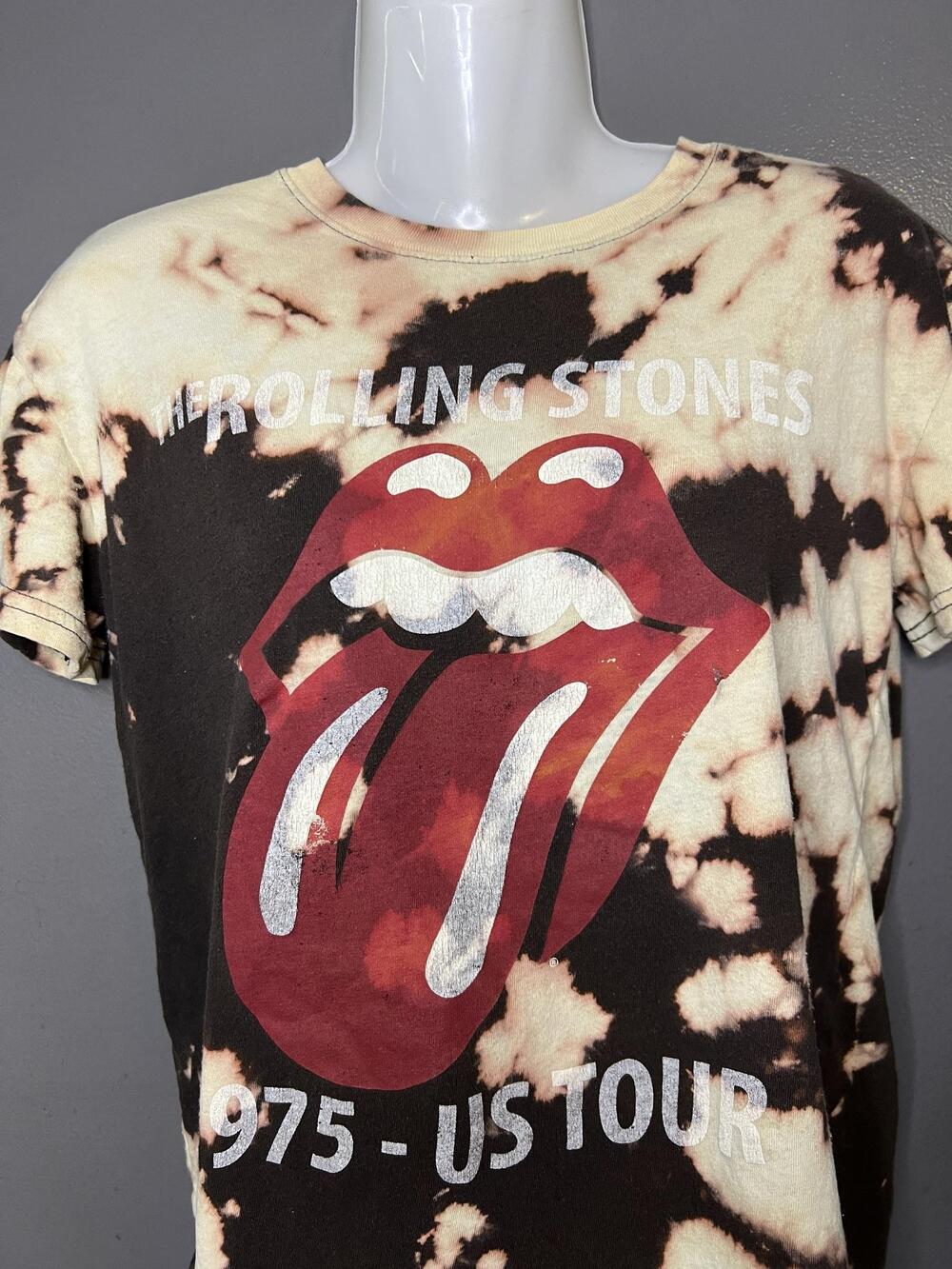 Rolling Stones Shirt Mens Small Black Bleach Tie Dye 1975 US Tour Tongue Tee